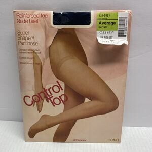 JCPenney Super Shaper Pantyhose Average Navy 28 Reinforced Toe Nude Heel
